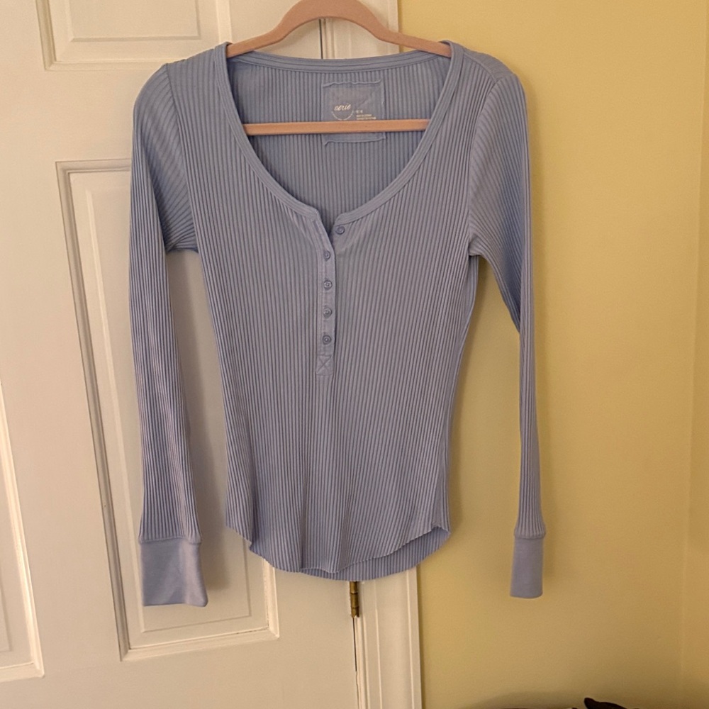 Aerie Button-Front Ribbed Long Sleeve Top - Soft Blue